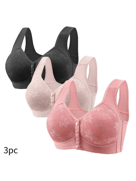3-Pack Women's Snap Front Wireless Bras, Lace, Black, XL