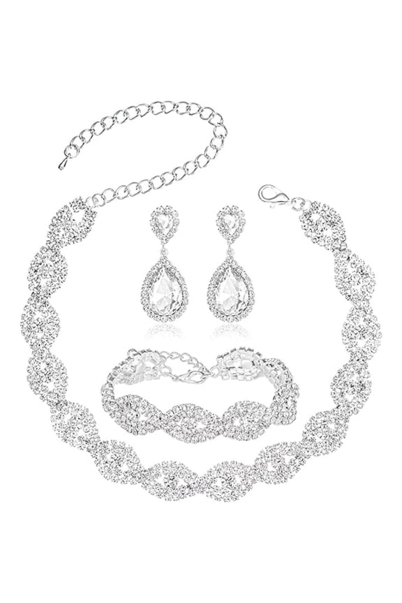3 Pieces Bridal Jewelry Set Elegant Rhinestone Crystal Choker Necklace Teardrop Earrings & Bracelet for Wedding, Engagement, Prom Party