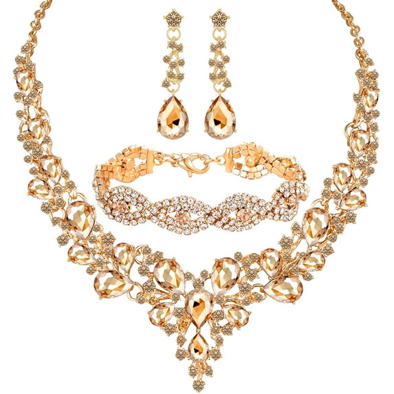 3 Pieces Bridal Rhinestone Crystal Statement Necklace Bracelet Teardrop Dangle Earrings Jewelry Set for Women Girls fit With Bridesmaid Wedding Party Prom