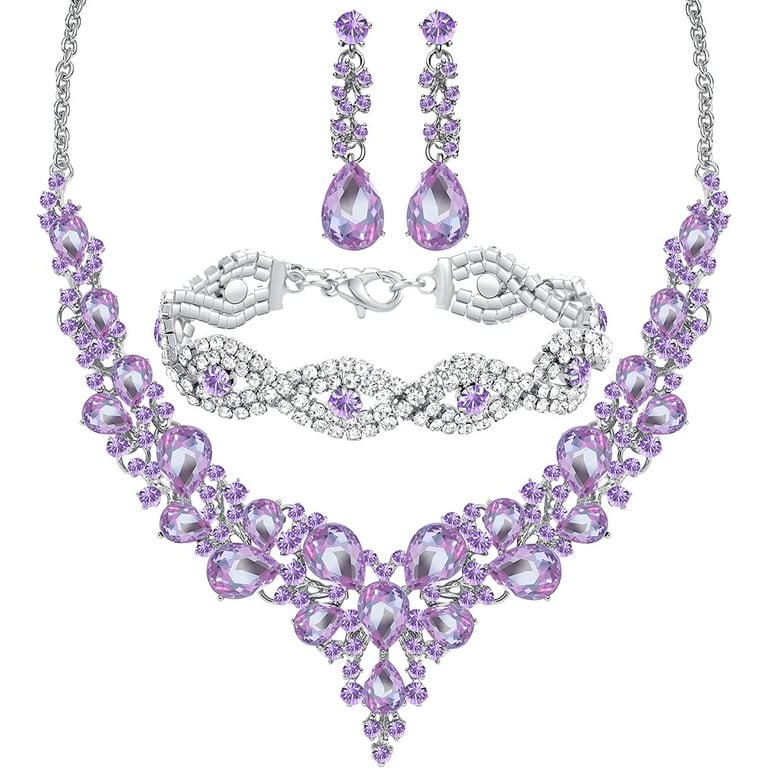 3 Pieces Bridal Rhinestone Crystal Statement Necklace Bracelet Teardrop Dangle Earrings Jewelry Set for Women Girls fit With Bridesmaid Wedding Party