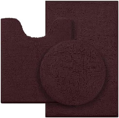 3 Pieces Brown Bathroom Rugs Set, Ultra Soft Non Slip Bath Rug and Absorbent Chenille Bath Mat, Includes U-Shaped Contour Rug, Bath Mat and Toilet Lid Cover Set Perfect for Bathroom