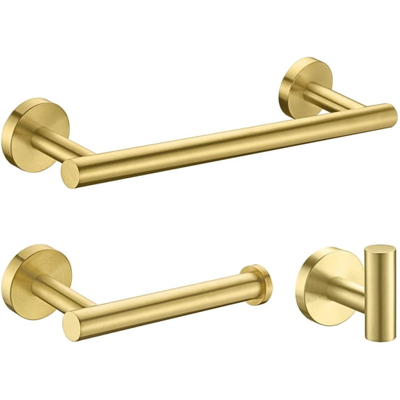 3-Pieces Brushed Gold Bathroom Hardware Set SUS304 Stainless Steel Round Wall Mounted Includes 12" Hand Towel Bar,Toilet Paper Holder,Robe Towel Hooks,Bathroom Accessories Kit