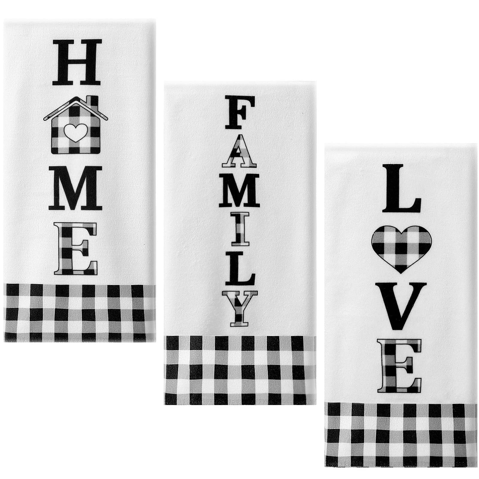 3 Pieces Buffalo Plaid Home Family Love Kitchen Towel Black and White