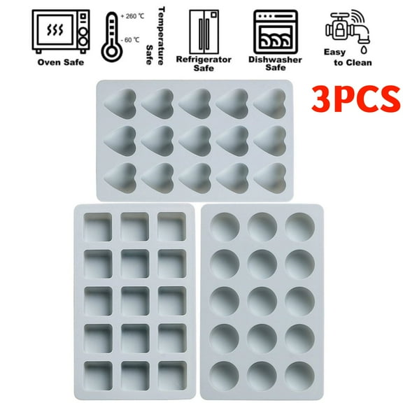 3 Pieces Candy and Chocolate Silicone Molds Set Non-stick Including Heart, Round, Square Baking Mold for Hard Candy, Gummy, Hot Caramel, Ice, Cake, Jello, Ganache (Blue)