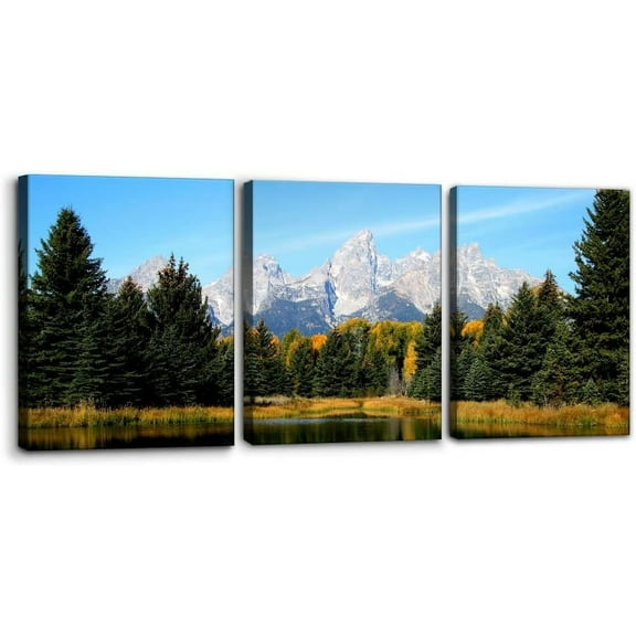 3 Pieces Canvas Art Wall Decor Grand Teton National Park Pictures Natural Landscape Painting Pond Prints on Canvas Modern Artwork Stretched and Framed Ready to Hang - 12" x 16" x 3