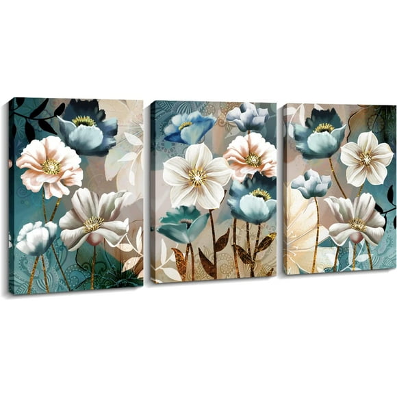 3 Pieces Canvas Wall Art for Living Room, White and Indigo Blue Lotus Flower Canvas Print Artwork Framed Set for Bedroom Wall Decor, Classic Lotus Flower Picture Home Decor (Multi)