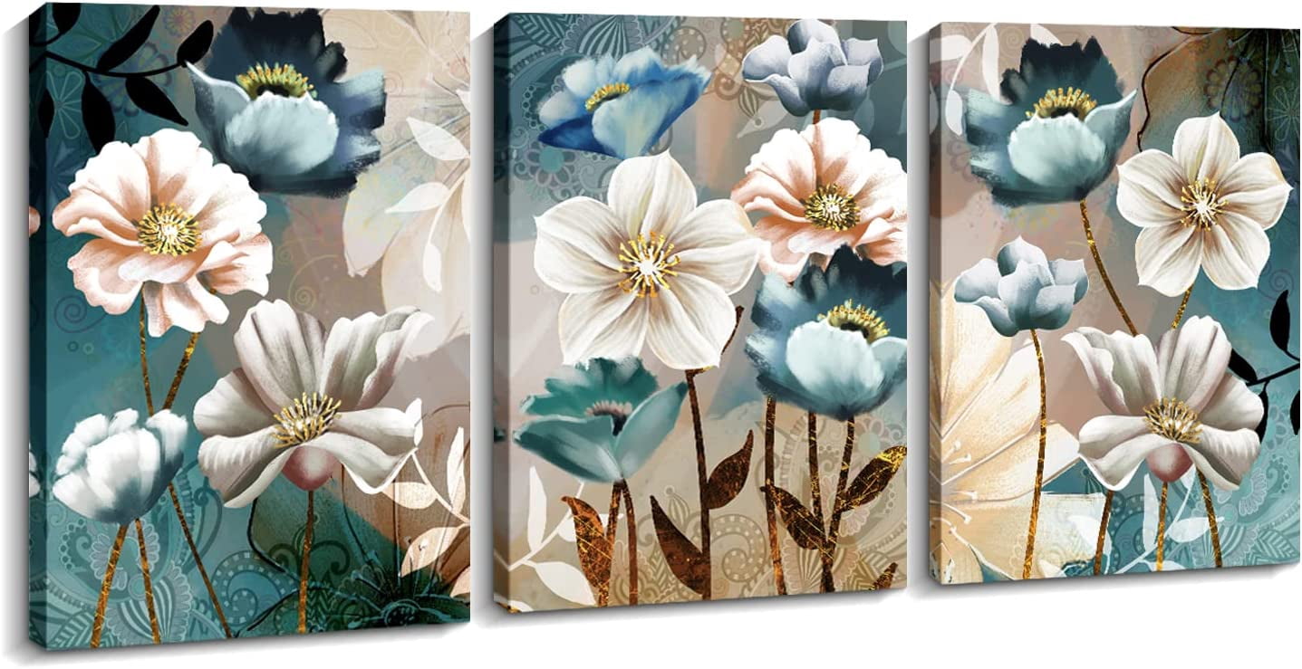 3 Pieces Canvas Wall Art for Living Room, White and Indigo Blue Lotus ...