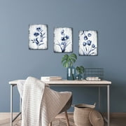 3 Pieces Canvas Wall Art Navy Blue and Grey Flower Painting Art Prints Vintage Floral Picture Artwork Modern Bedroom Bathroom Home Wall Decor Framed Ready to Hang Each Panel 12x16 Inches