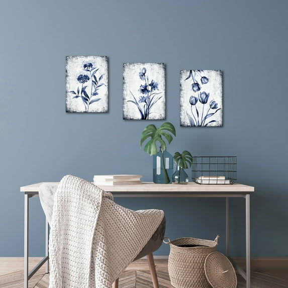 3 Pieces Canvas Wall Art Navy Blue and Grey Flower Painting Art Prints Vintage Floral Picture Artwork Modern Bedroom Bathroom Home Wall Decor Framed Ready to Hang Each Panel 12x16 Inches