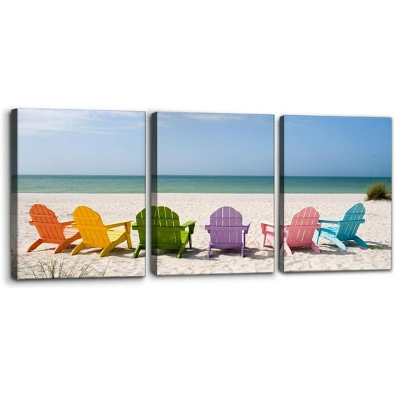 3 Pieces Canvas Wall Art Rainbow Beach Chairs on The Beach Pictures Prints Poster Home Decor Modern Artwork for Walls Paintings Home Office Wall Decor Stretch Framed Ready to Hang - 12" x 16" x 3