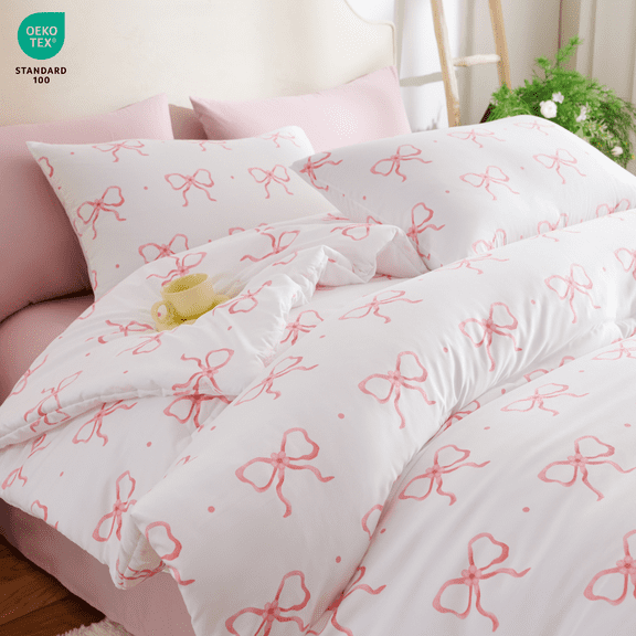 3 Pieces Cartoon Bowknot Comforter Set Pink Bow Tie Knot on White Princess Bedding Set Full Comforter Set Girls Teens Gentle Lightweight Bedding Sets