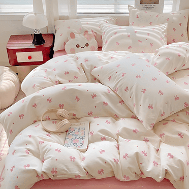 3 Pieces Cartoon Pink Bowknot Pattern on White Duvet Cover Set Boys Girls Teens Gentle Soft Home Cozy and Breathable Bedding Set,Queen Size