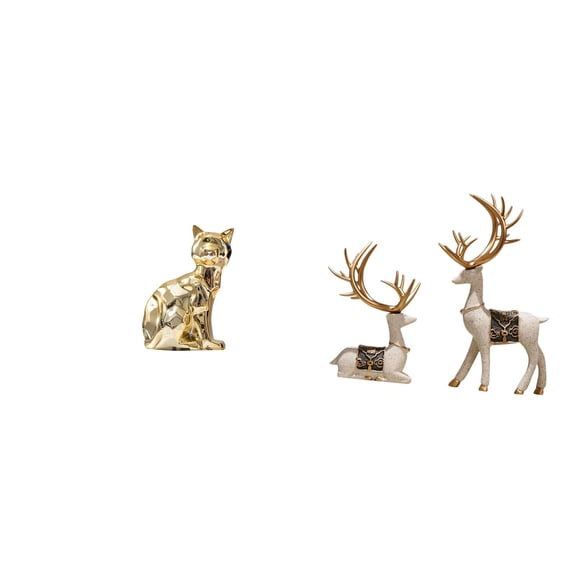 3 Pieces Cat Statue Reindeer Figurine Elk Deer Sculpture Ceramic Resin Material for Office Shelf Decor