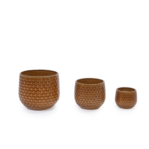 3 Pieces Ceramic Flowerpot, Modern Planter for Patio, Garden or Windowsills - Orange & Dark Brown