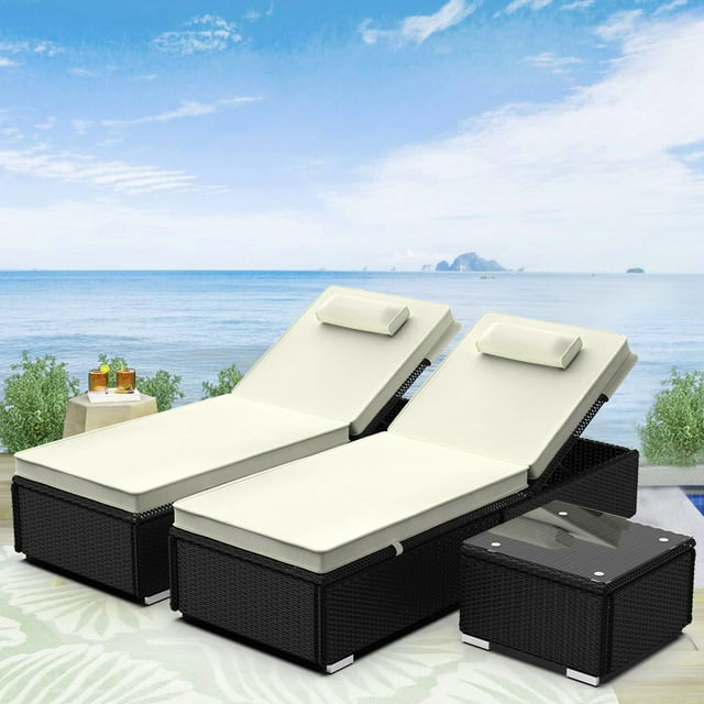 3 Pieces Chaise Lounges for Patio Furniture, Outdoor Wicker Chaise Lounge Chairs Set with Adjustable Back, Beige Cushion and Coffee Table, Poolside Balcony Lawn Seating Recliner, W10867
