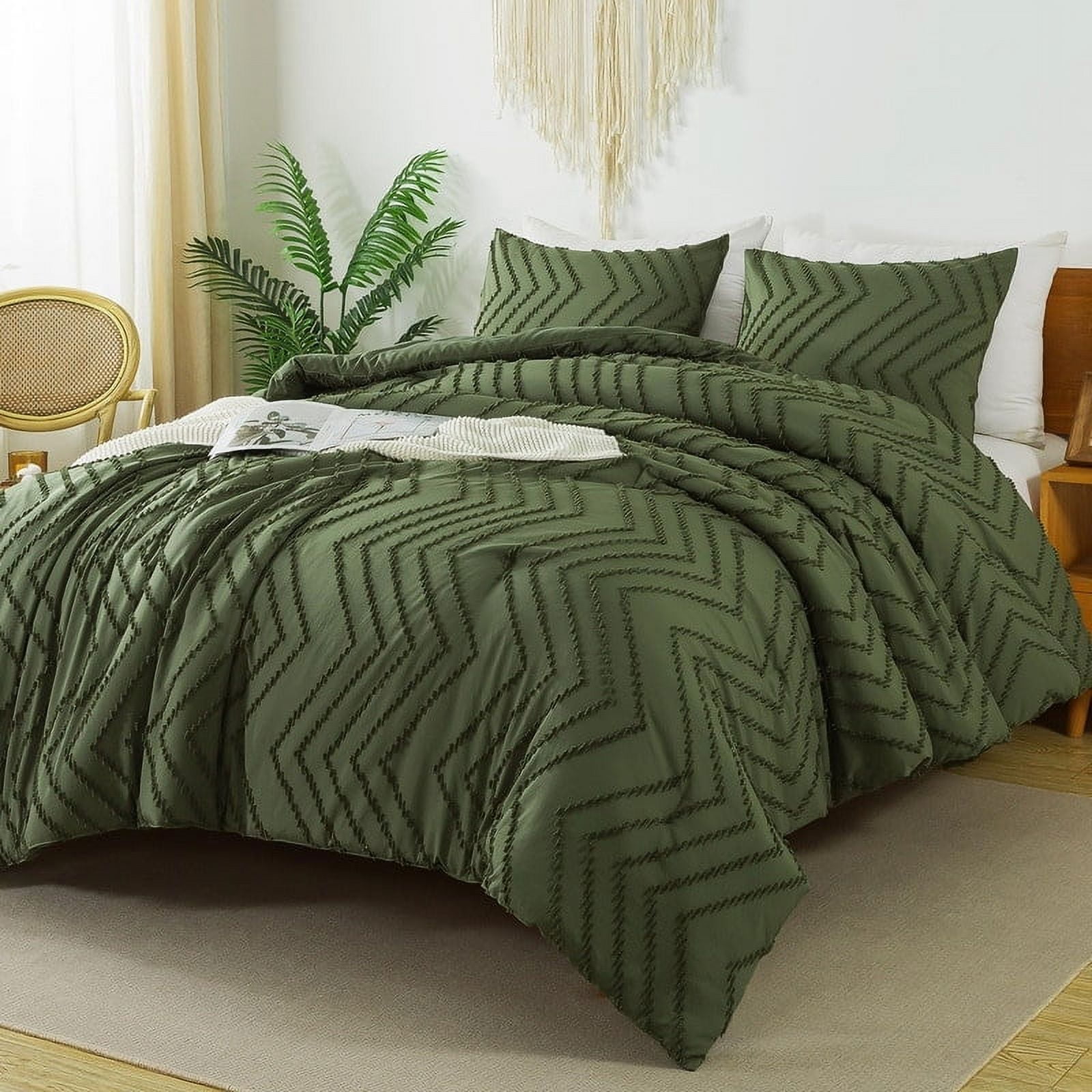 3 Pieces Chevron Tufted Vintage Comforter Sets Olive Green King