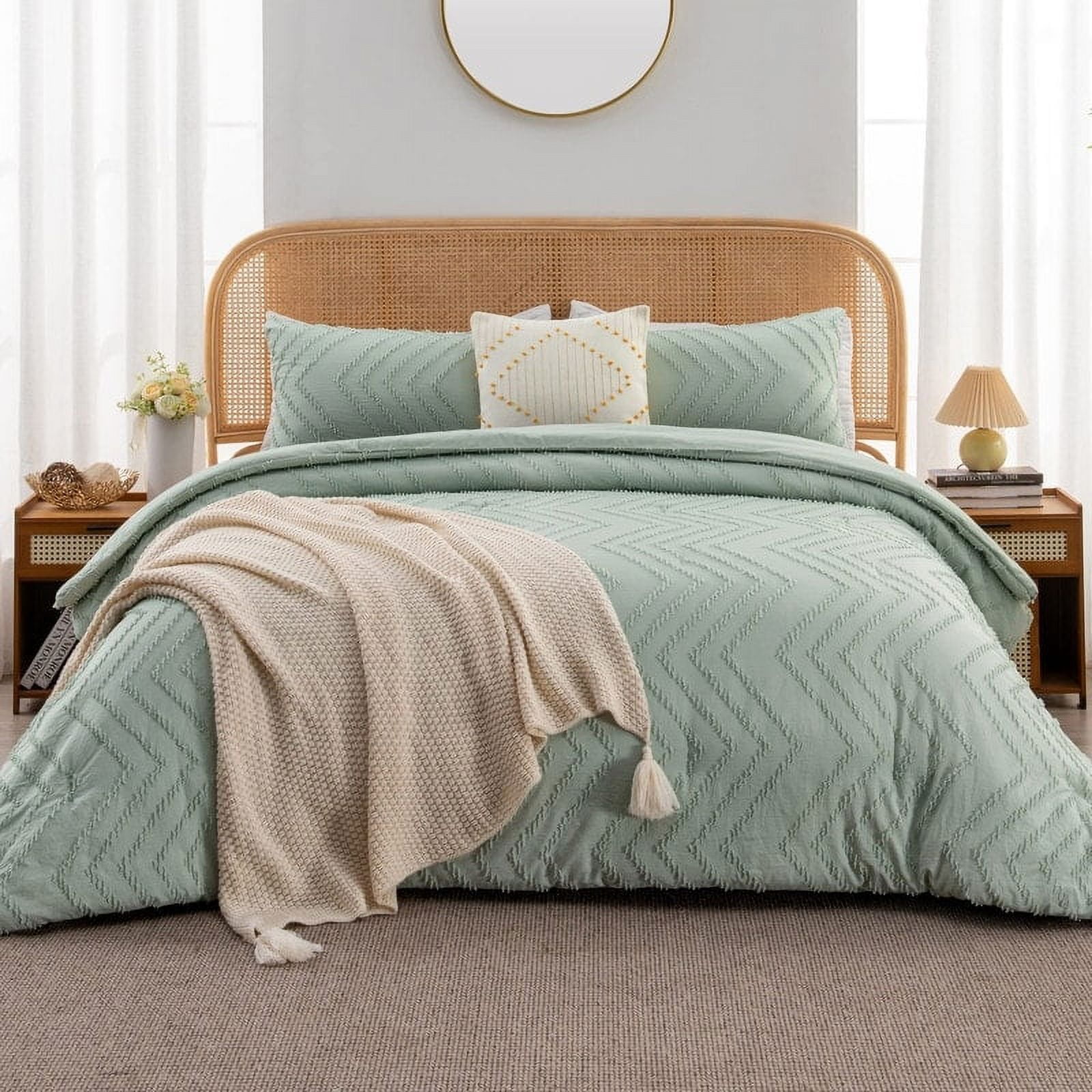 3 Pieces Chevron Tufted Vintage Comforter Sets Sage Green Queen