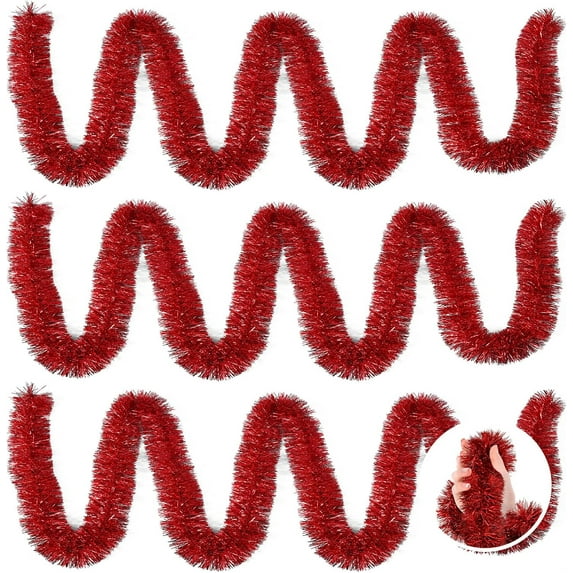 3 Pieces Christmas Foil Tinsel Garland, Metallic Tinsel Twist Garland Shiny Hanging Decorations for Holiday Tree, Party Supplies for Wedding, Birthday, Each 6.6FT, Total Length 19.8FT