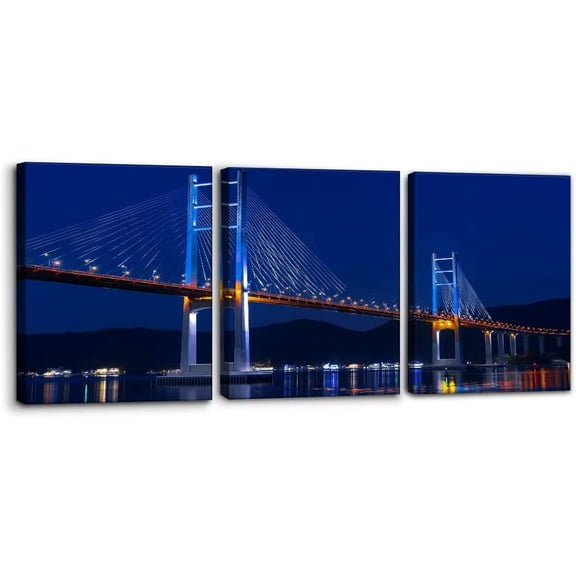 3 Pieces Cityscape Canvas Wall Art - Neon Light Golden Gate Bridge View Pictures Print on Canvas Urban Skyline Modern Artwork for Home Office Decor Stretch Framed Ready to Hang - 12" x 16" x 3