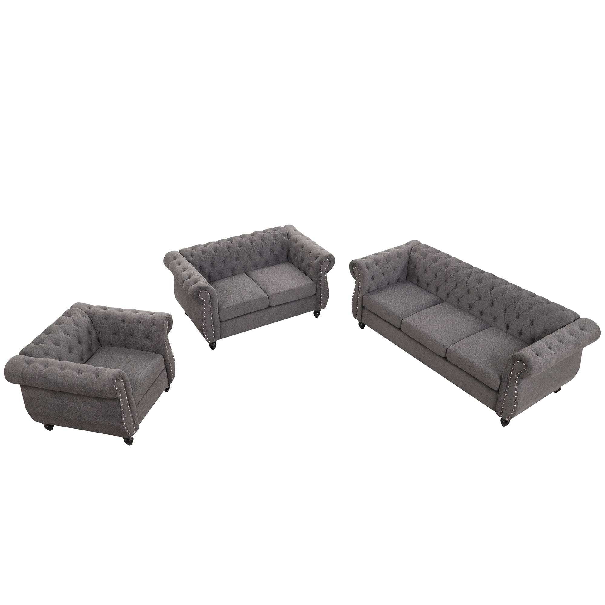 3 Pieces Classic Button Tufted Sofa Set, Upholstered Sectional Modular Couch with Nailhead