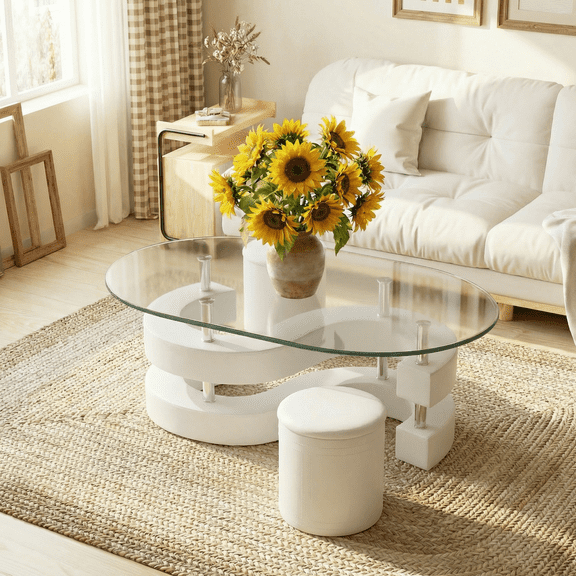 3 Pieces Coffee Table Set, 0.39" Tempered Glass Top and S Shape Base, Oval Modern Coffee Table with 2 Leather Stools, Accent Coffee Table for Living Room Bedroom