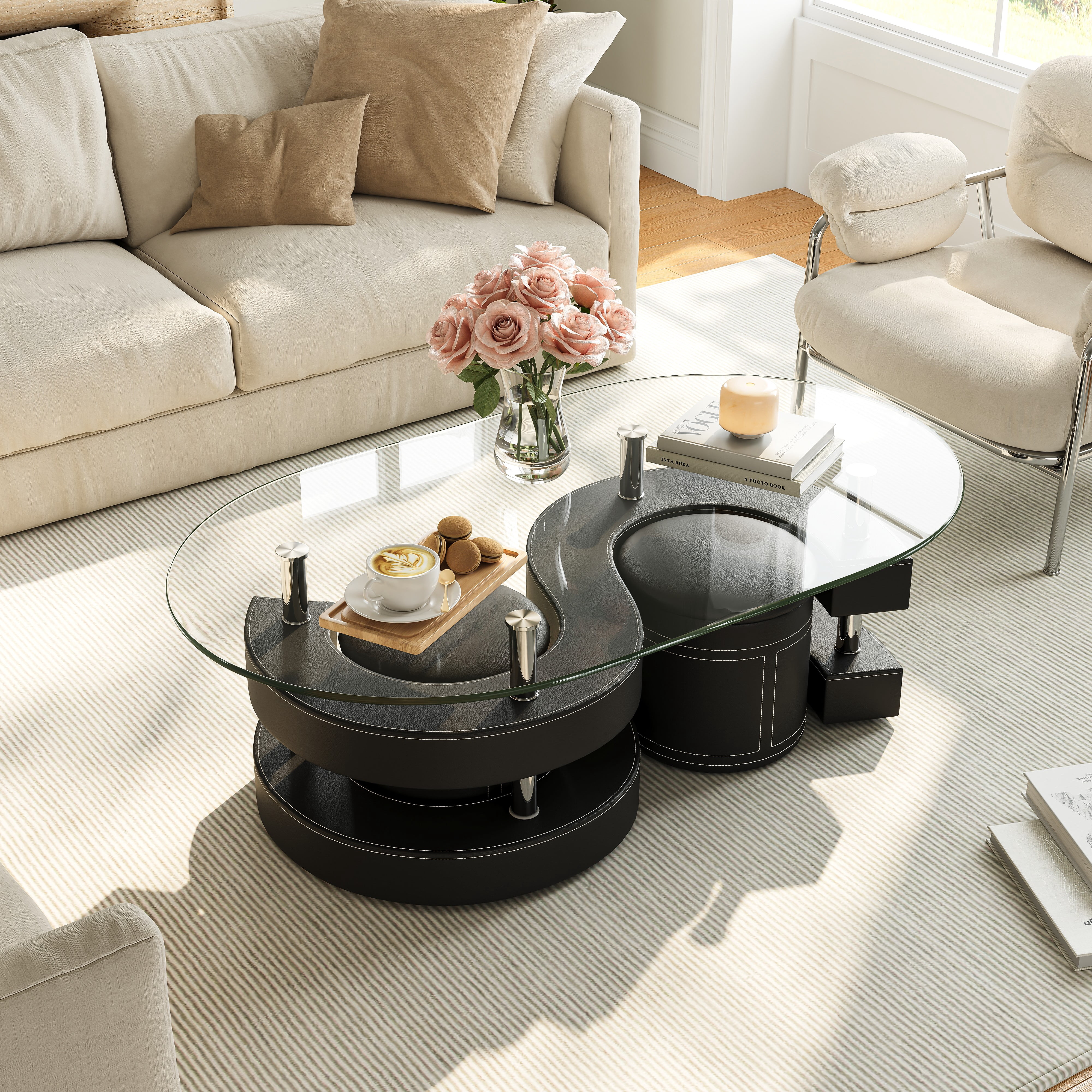 3 Pieces Coffee Table Set, 0.39" Tempered Glass Top and S Shape Base, Oval Modern Coffee Table with 2 Leather Stools, Accent Coffee Table for Living Room Bedroom