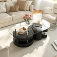 thumbnail image 1 of 3 Pieces Coffee Table Set, 0.39" Tempered Glass Top and S Shape Base, Oval Modern Coffee Table with 2 Leather Stools, Accent Coffee Table for Living Room Bedroom, 1 of 8