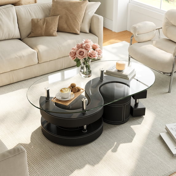 3 Pieces Coffee Table Set, 0.39" Tempered Glass Top and S Shape Base, Oval Modern Coffee Table with 2 Leather Stools, Accent Coffee Table for Living Room Bedroom