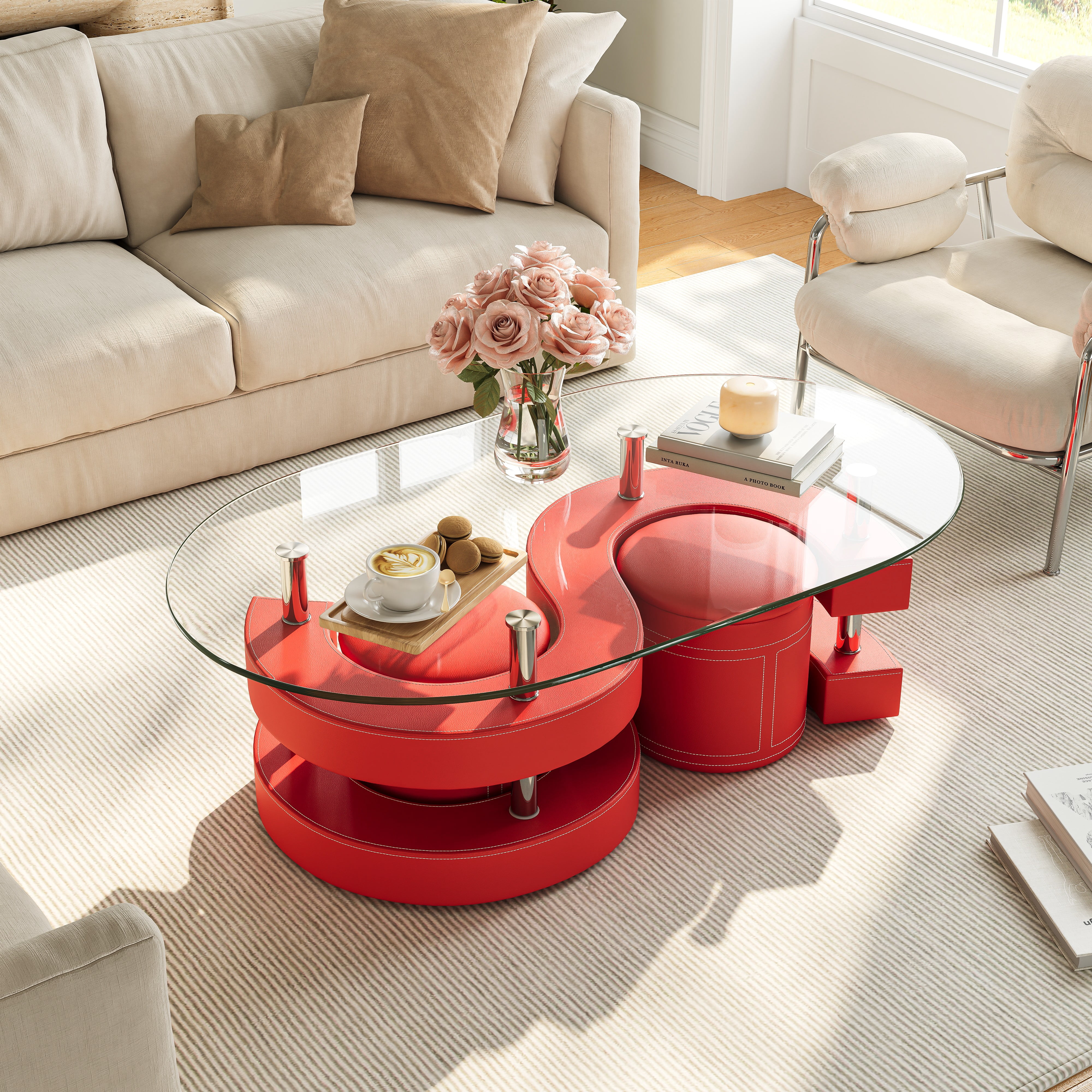 3 Pieces Coffee Table Set, 0.39" Tempered Glass Top and S Shape Base, Oval Modern Coffee Table with 2 Leather Stools, Accent Coffee Table for Living Room Bedroom