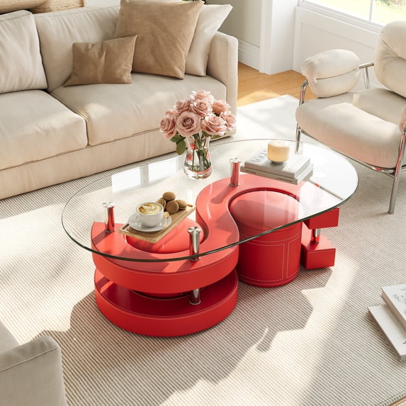 3 Pieces Coffee Table Set, 0.39" Tempered Glass Top and S Shape Base, Oval Modern Coffee Table with 2 Leather Stools, Accent Coffee Table for Living Room Bedroom