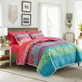 thumbnail image 1 of 3 Pieces Colorful Bohemian Quilt Set California King Size, Boho Striped Pink n Teal Printed Bedding Bedspread Coverlet Set for Summer, Soft Lightweight Microfiber Quilt with 2 Shams (102x114 inces), 1 of 10