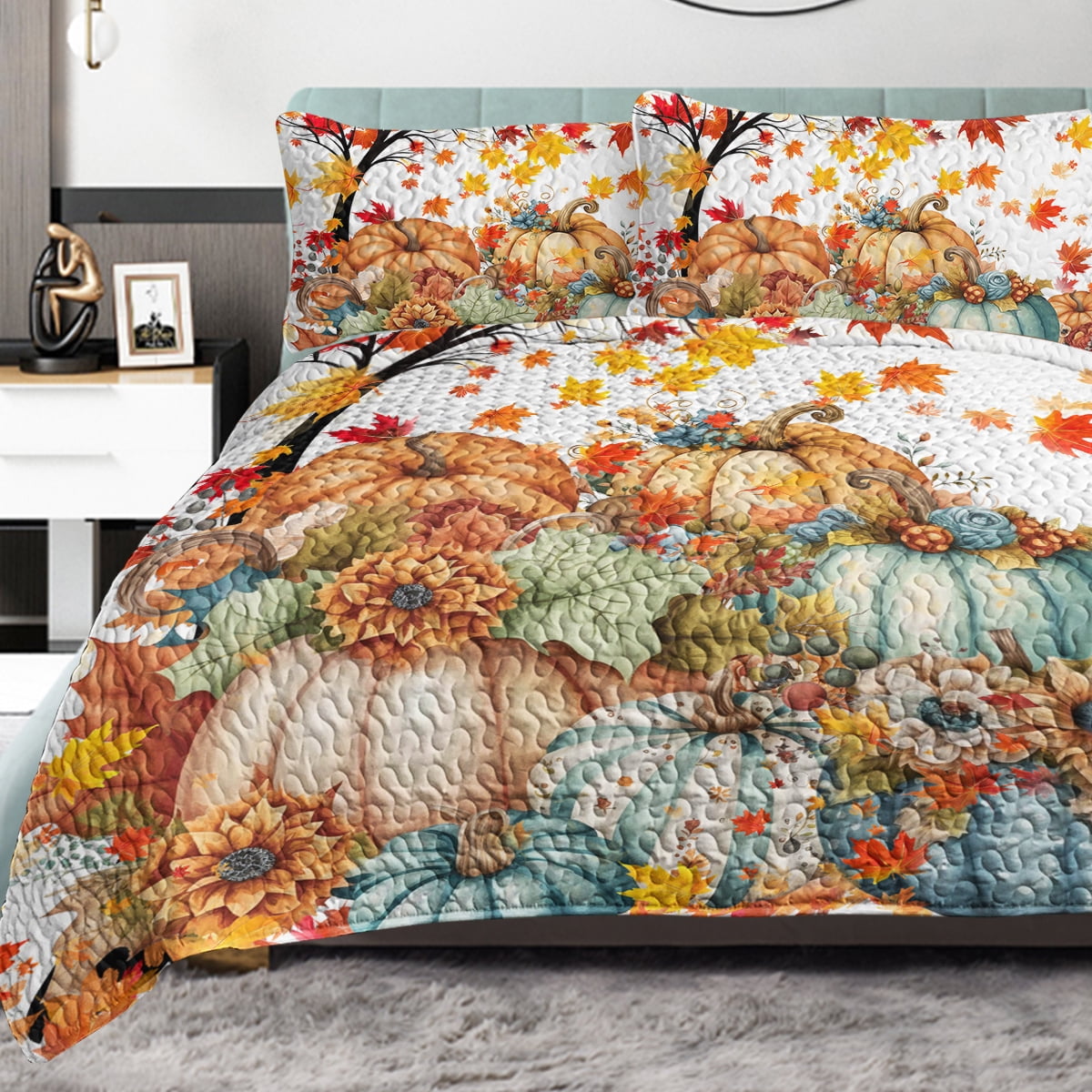 3 Pieces Colorful Oil Painting Pumpkin Pattern Quilt Set King Size for All Seasons Flower Fall Leaves Bedding Set with 2 Pillowcases for Kids Adults