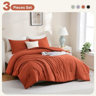 3 Pieces Comforter Set, Solid Breathable Quilted Style Bedding Sets, Luxury Fluffy Soft Comforter for All Season (1 Comforter & 2 Pillowcases), Terracotta Queen