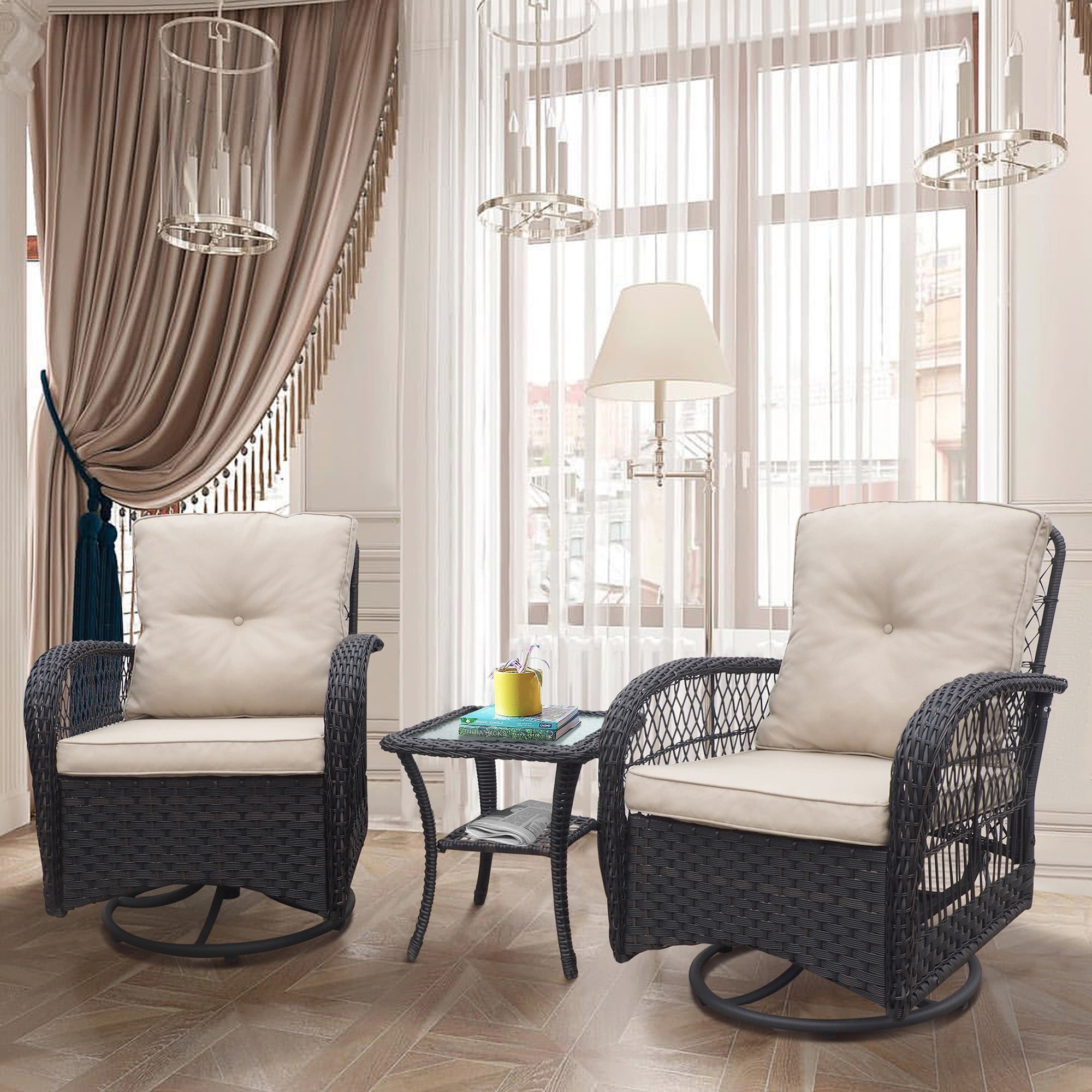 3 Pieces Conversation Set, Outdoor Wicker Rocker Swivel Patio Bistro