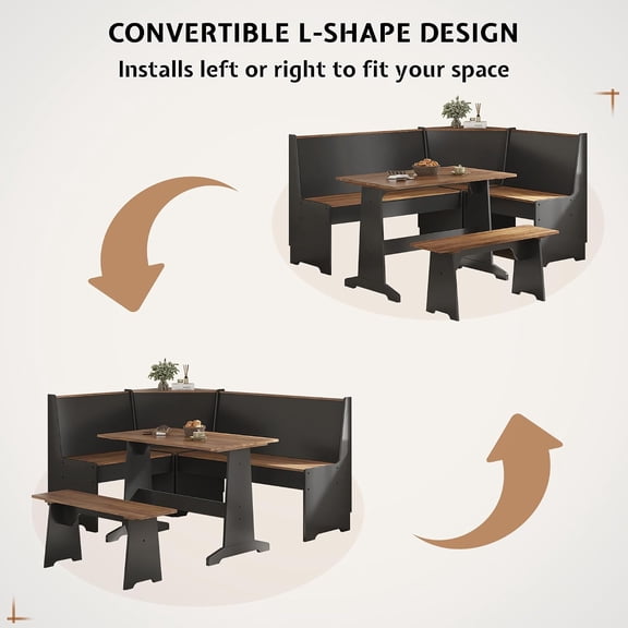 3 Pieces Corner Dining Table Set with Hidden Storage, L-Shaped Breakfast Nook with Moveable Bench, Space-Saving Kitchen Dining Set for Small Spaces, Black & Oak