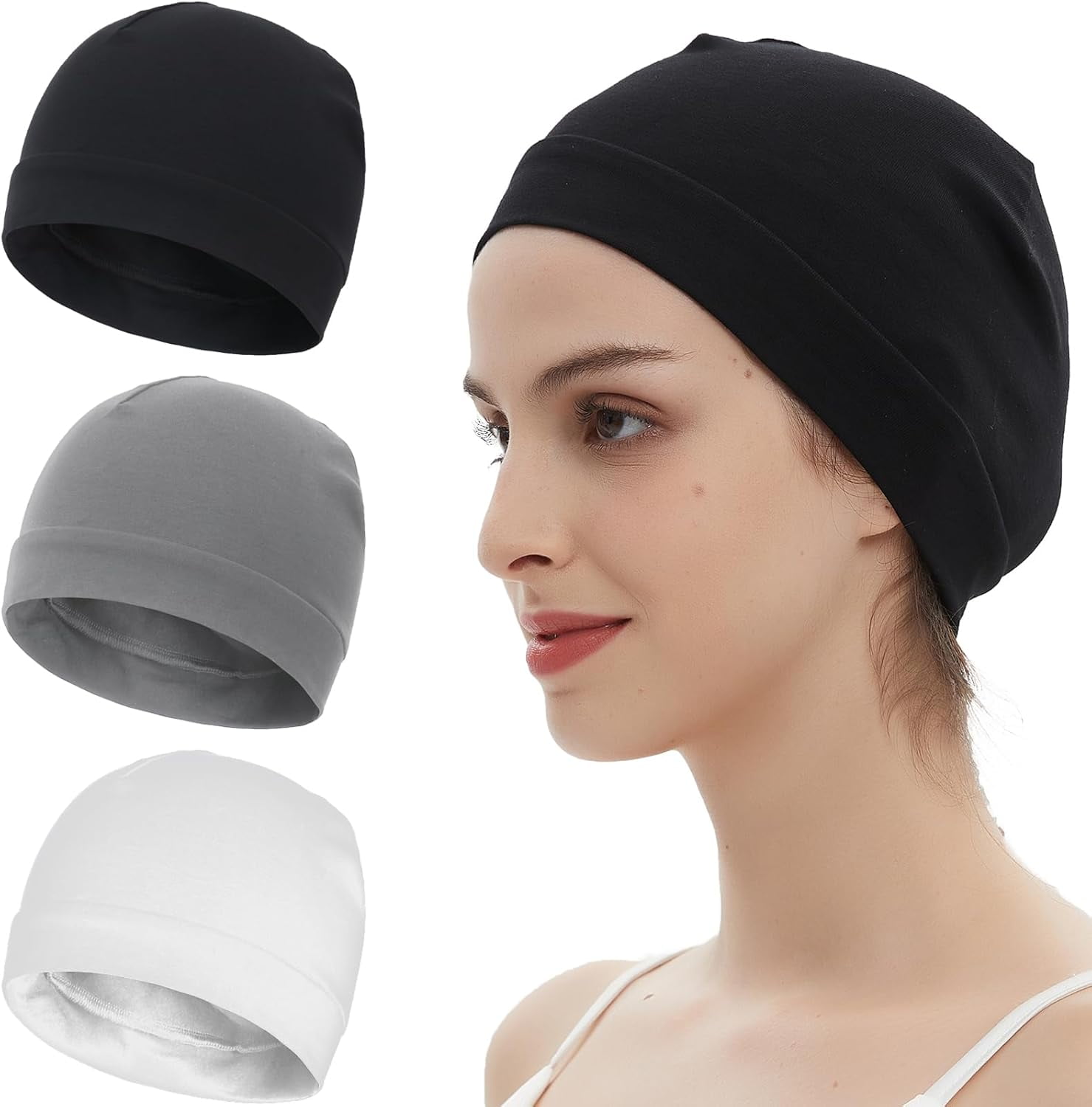 Cotton Skull Beanie Cap Nightcap Chemo Headwear EINSKEY, Cotton Skull Cap 4 Pack, One Size, Black,Grey,White  main image 2