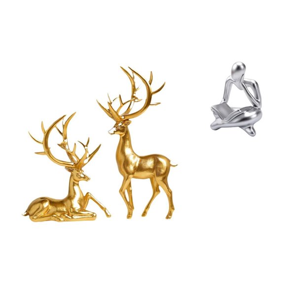 3 Pieces Couple Deer Statues Abstract Thinker Statue Resin Craft Elegant Design Living Room Tabletop Display
