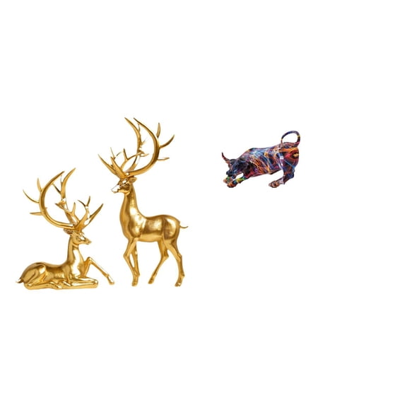 3 Pieces Couple Deer Statues Bull Sculpture Hand Painted Resin Collection for Modern Home Table Ornament