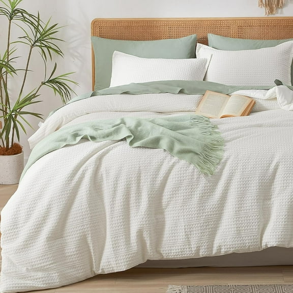 3 Pieces Cream Waffle Weave Comforter Set King Size - Ultra Soft Textured Waffle Comforter with 2 Pillow Shams, Lightweight Breathable Comfy Bedding Set for All Season, Cream