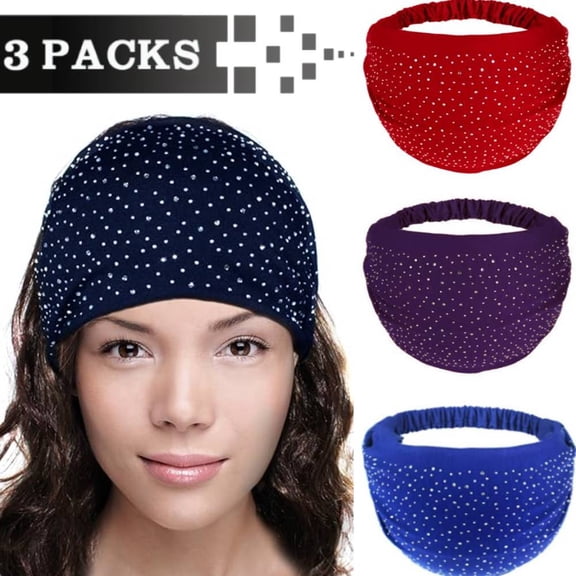 3 Pieces Crystal Wide Headbands Rhinestone Head Bands Black Turban Headband Elastic African Head Wraps Sport Hair Bands for Women