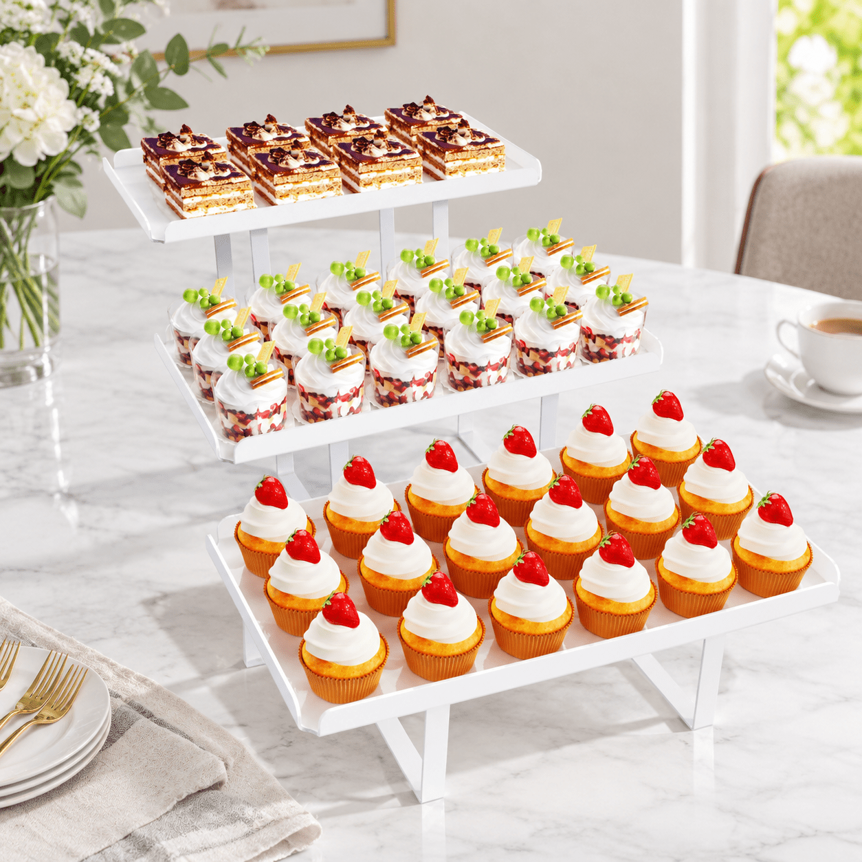 3 Pieces Cupcake Stand Holder White Dessert Table Display Set With Iron ...