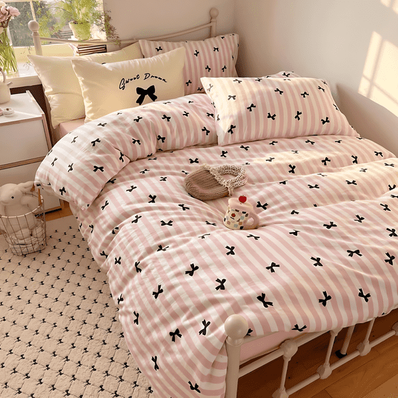 3 Pieces Cute Bowknot Cartoon Duvet Cover Set Black Bowknot Polka Dot on White Pink Abstract Striped Queen Comforter Cover Zipper Closure for Kids Girls Boys Woman