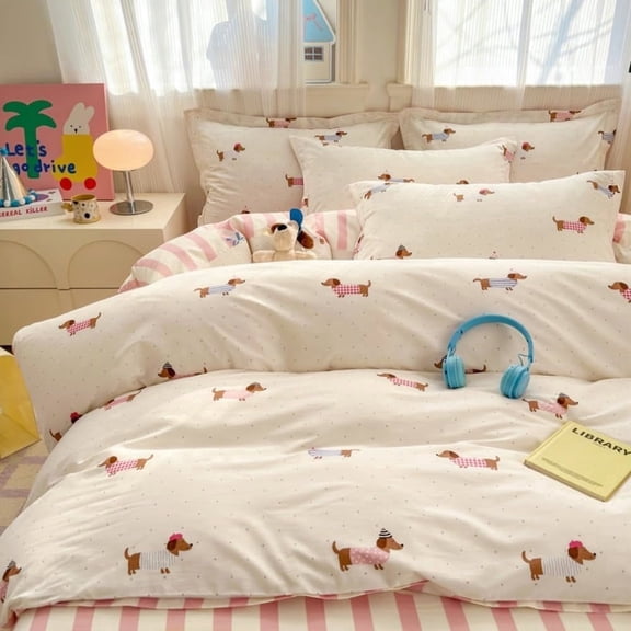 3 Pieces Cute Dog Puppy Striped Comforter Set Cute Cartoon Dachshund Dog Full Comforter Lovely Animal Pet for Kids and Adults, Soft Cozy Bedroom Bedding Set