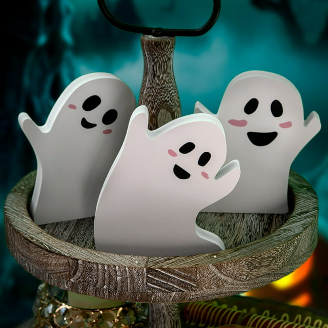 3 Pieces Cute Ghost Decor Tiered Tray Decor Table Wooden Signs Table ...