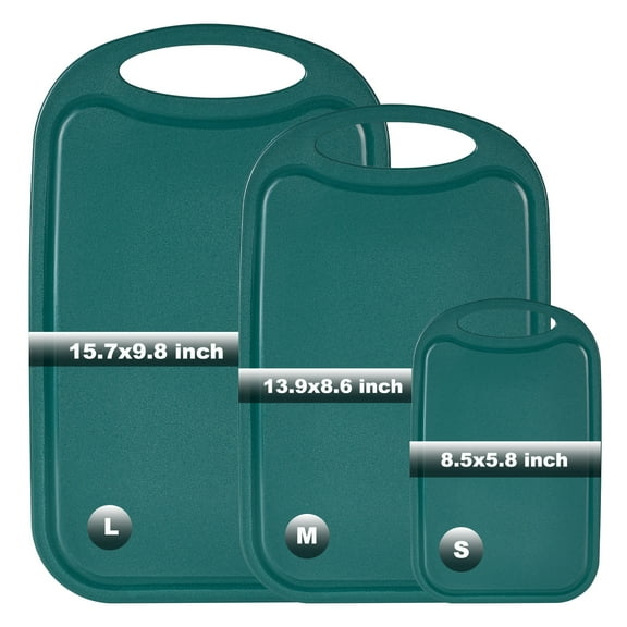 GoGeiLi 3-Piece Plastic Non-Slip Cutting Boards, Green Chopping Block, BPA Free Meat Cutting Bord, Large/Medium/Small Size, With Easy Grip Handle, for Kitchen Counter Fruit Vegetables