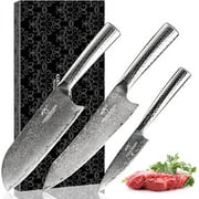 3 Pieces Damascus Kitchen Knife Set with 8  Chef Knife, 7  Santoku Knife, 3.5  Paring Knife, 67 Layer Handmade Damascus VG10 Steel Core, Hammered Ergonomic Handle Gift Box