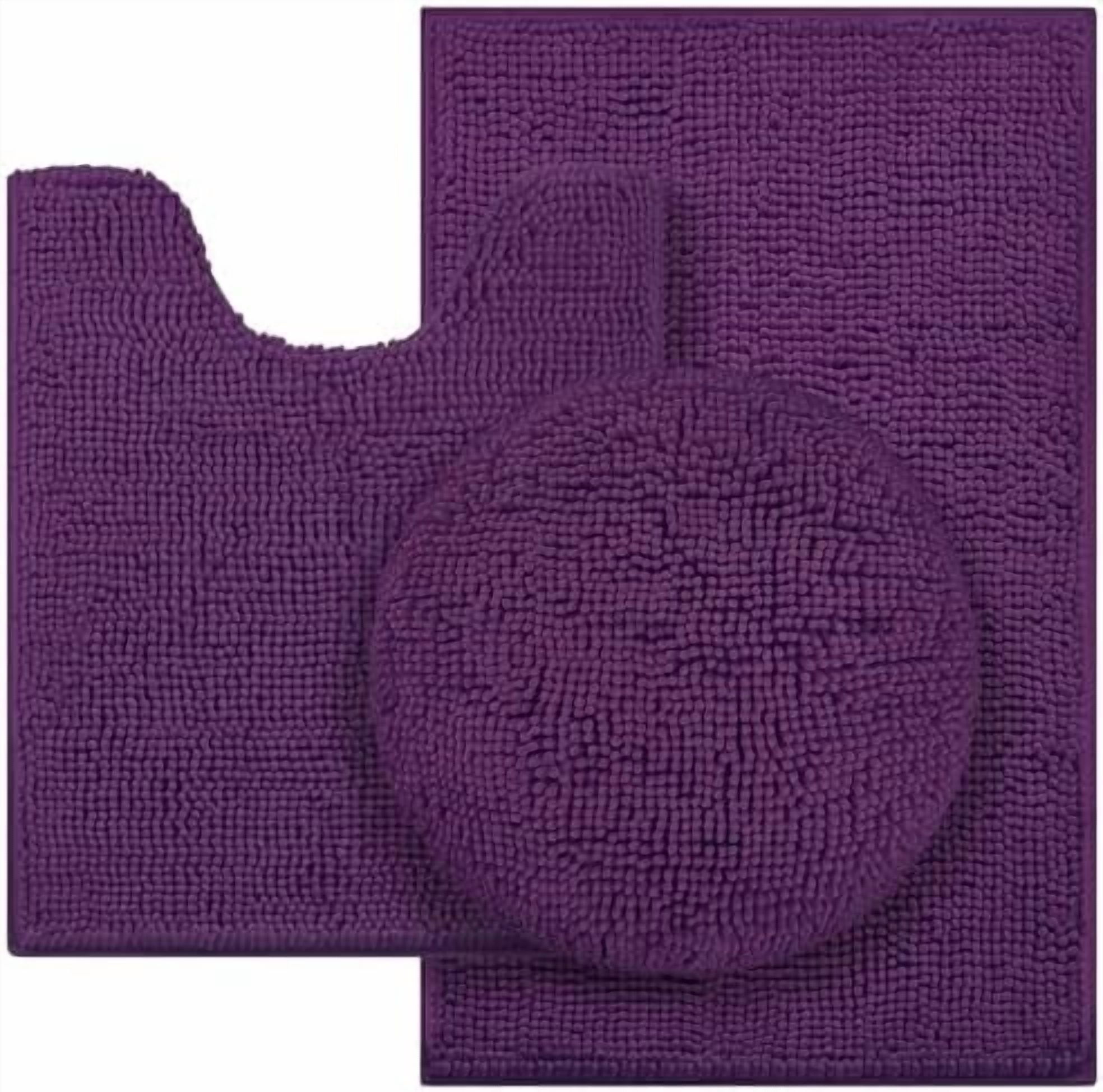 3 Pieces Dark Purple Bathroom Rugs Set, Ultra Soft Non Slip Bath Rug and Absorbent Chenille Bath Mat, Includes U-Shaped Contour Rug, Bath Mat and Toilet Lid Cover, Perfect for Bathroom Floor