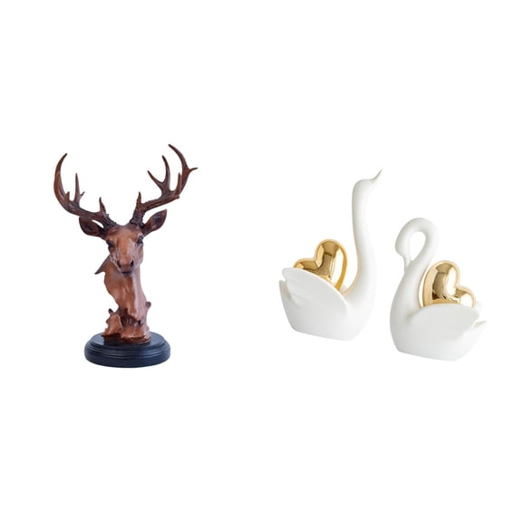 3 Pieces Deer Head Figurine Swan Statue Animal Ornament Ceramic Material for Living Room Tabletop Decor