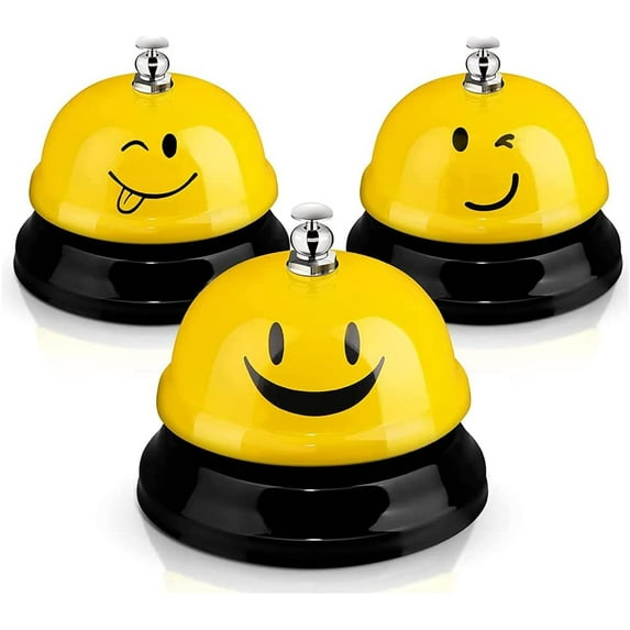 3 Pieces Desk Bell for Service, Smile Face Call Bell, Desk Bell 3 Inch Diameter, Call Bells with Metal Anti-Rust Construction,Front Desk Bell for Hotel, Restaurant, Office, Schools (Yellow)