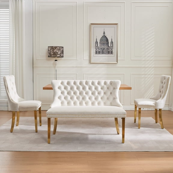 3 Pieces Dining Chair Set Includes 1 Loveseat Bench and 2 Dining Chairs Tufted Back with Gold Stainless Steel Legs for 4 Persons Kitchen Dining Room Living Room